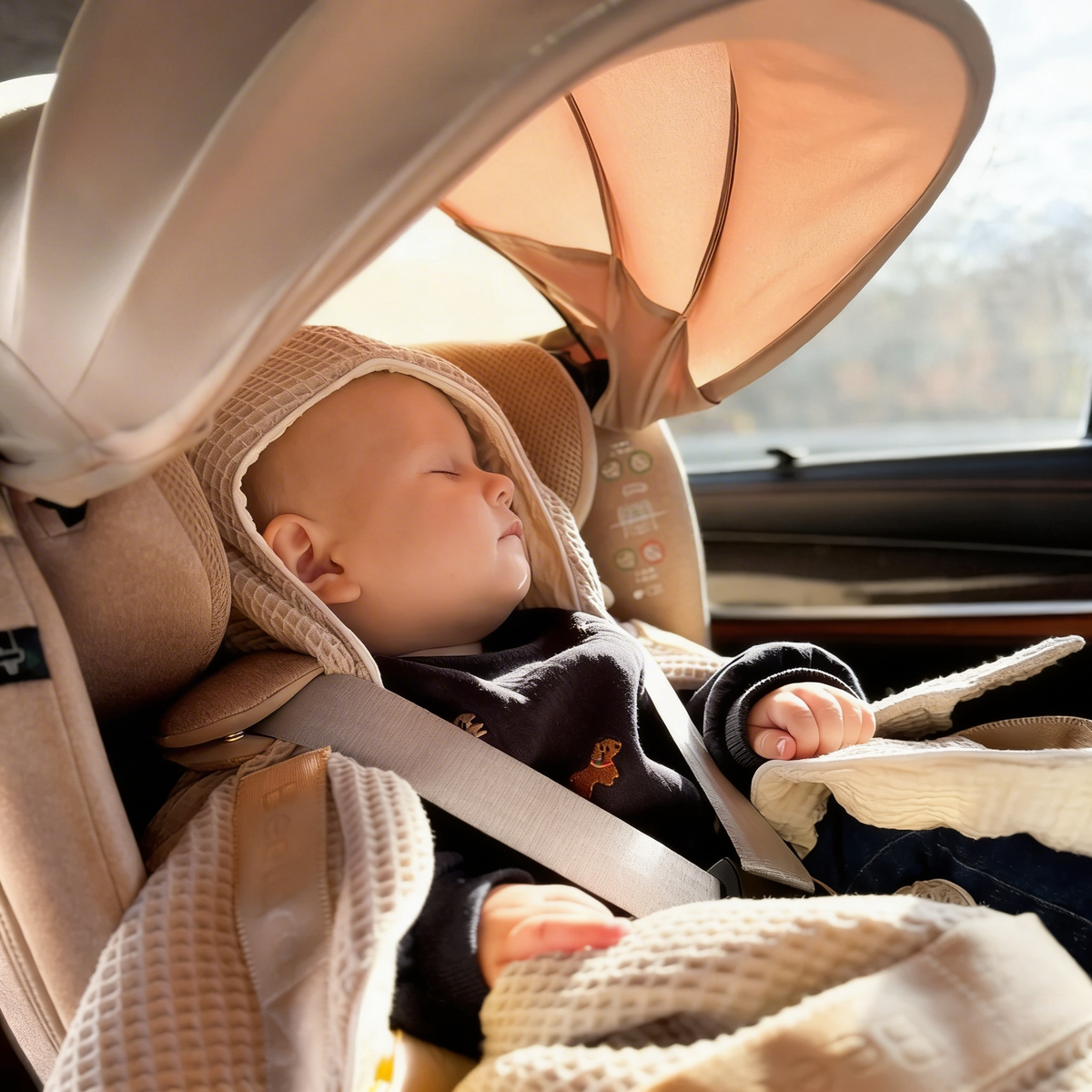 Bébé endormi dans son siège auto, enveloppé dans le Cocon Nidarya beige