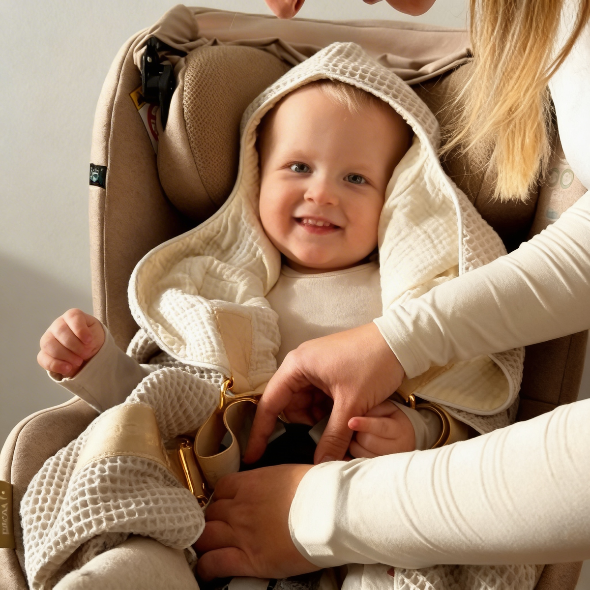 Bébé souriant installé dans son siège auto avec le Cocon Nidarya, mains de sa mère