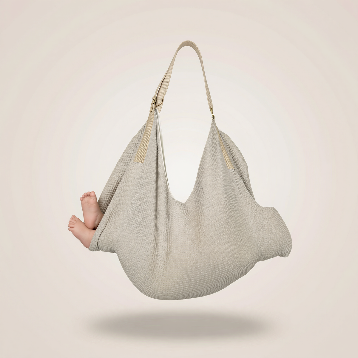 Cocon de transfert Nidarya beige en coton bio nid d'abeille, suspendu par sa bandoulière avec bébé installé à l'intérieur